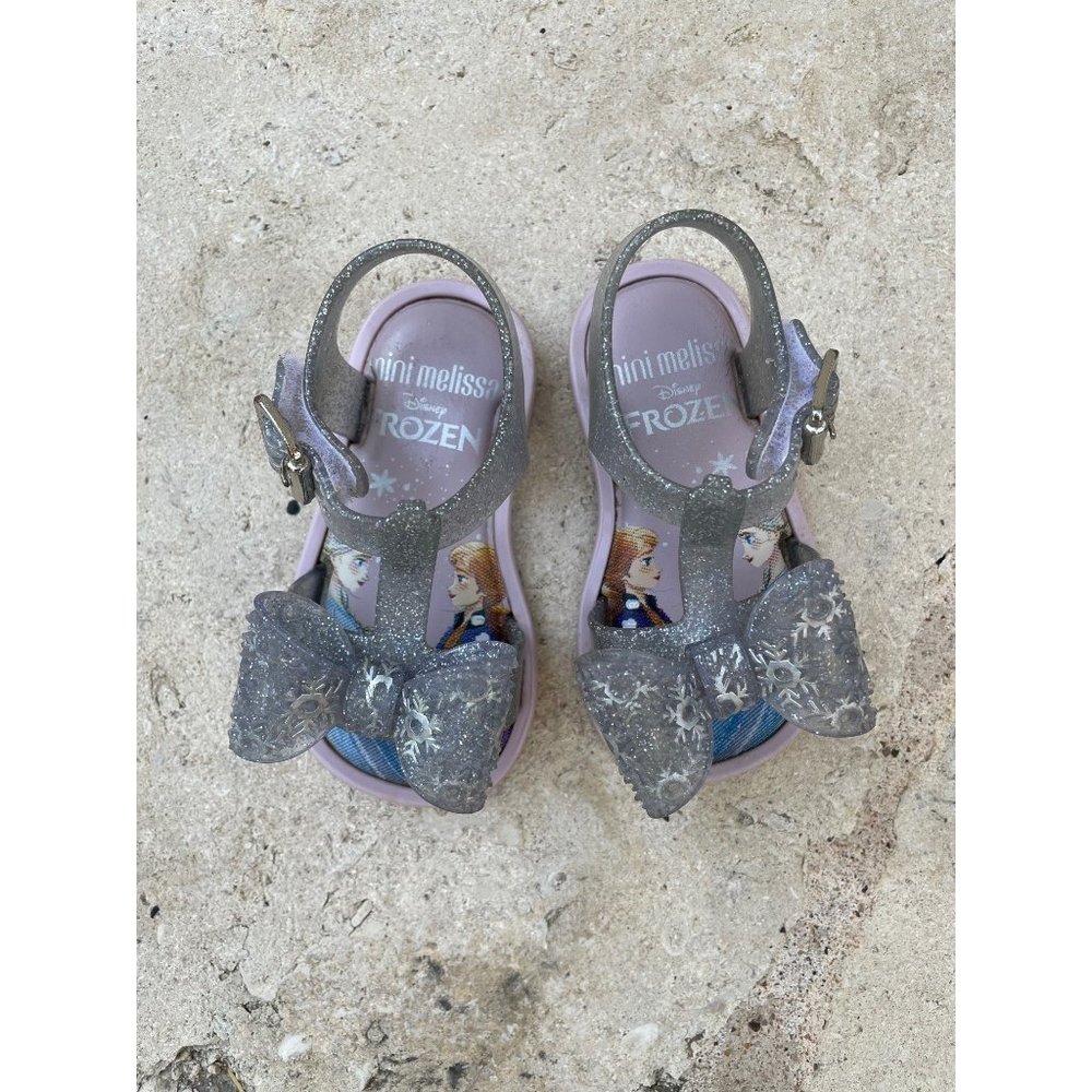 5 Mini Melissa Disney Frozen Silver Glitter Snowflake T-strap Sandals